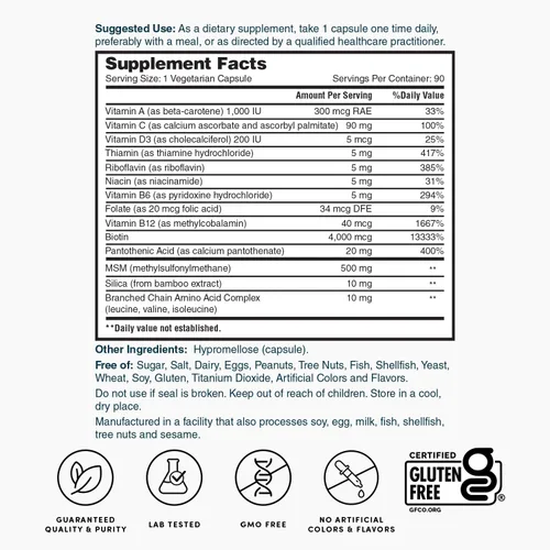 Vista 5 de Nature's Lab Cabello piel y uñas - Biotina, BCAA, MSM, complejo vitamínico - 90 unidades (suministro para 90 días)