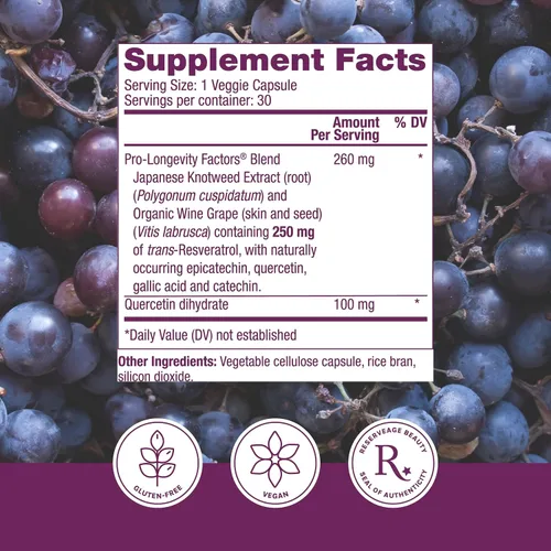 Vista 2 de Reserveage Beauty, Resveratrol 250 mg, suplemento antioxidante para la salud cardíaca y celular, apoya el envejecimiento saludable y el sistema