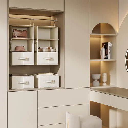 Vista 8 de Vailando Organizador de Armario Colgante de 3 Estantes, Juego de 2 Estantes Colgantes con 2 Cajones para Vestidor, Guardería, Almacenamiento y Beige