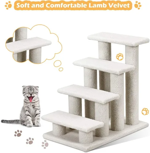 Vista 7 de Tangkula Escaleras para Mascotas para Gatos y Perros, Rampa de Escalera Alfombrada de 4 Escalones Trepador para Gatos Poste Rascador para Gatos