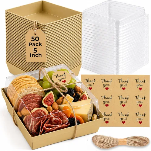 Vista 7 de Leafiew Paquete de 50 Cajas Pequeñas de Charcutería con Tapas Transparentes - Caja Mini de Charcutería de Papel Para Llevar, Envases Desechables