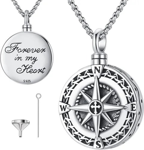 Vista 14 de Collar de Brújula para Hombres y Mujeres de Plata de Ley 925 con Colgante de Urna para Cenizas, Colgante de Medallón con Foto, Collar de Ancla