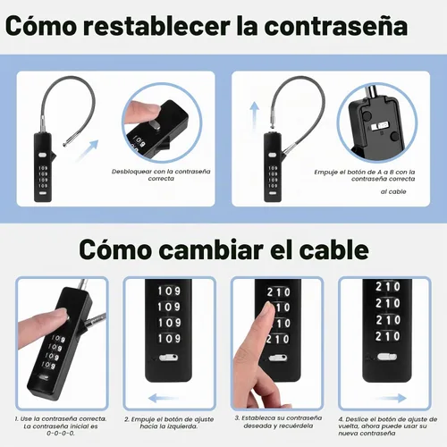 Vista 4 de Candado de cable de combinación de 4 dígitos, 3 cuerdas de acero trenzadas intercambiables (9"/23.6"/47.2"), cerradura de alambre antirrobo