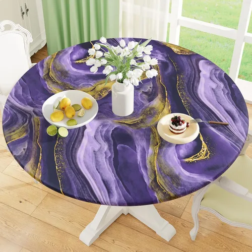 Vista 47 de misaya Mantel redondo ajustable con borde elástico, mantel de plástico impermeable a prueba de aceite, mantel con parte trasera de franela de vinilo