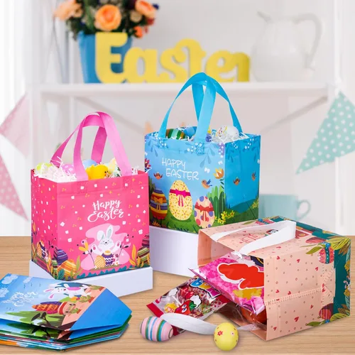 Vista 7 de Iioscre 8 bolsas de regalo de Pascua, cesta de Pascua reutilizable con asas, bolsas de regalo no tejidas para niños, caza de huevos de Pascua