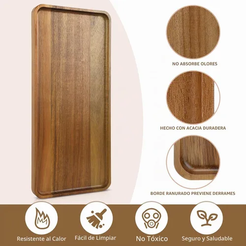 Vista 3 de 1 pieza 15.7" x 7" Bandeja grande de madera maciza de acacia sólida rectangular Bandeja de servir de madera natural para bar, café, fiesta