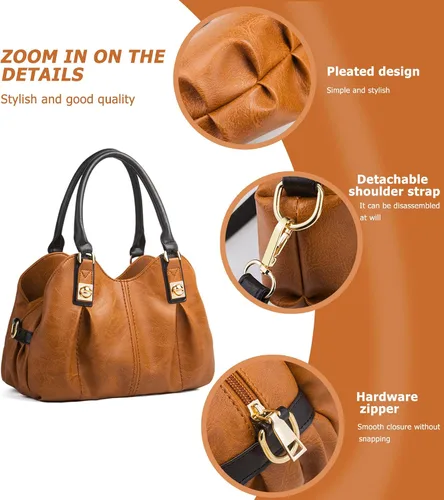 Vista 5 de KingTo Juego de 4 bolsos retro para mujer, elegantes bolsas de hombro con asa superior suave