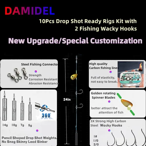 Vista 3 de 10Pcs Drop Shot Ready Rigs Kit with 2 Fishing Wacky Hooks,No Snag Skinny Sinker(1/2oz,3/8oz,1/4oz.1/5oz.), Spinner Blades， Fishing Bass Rig Cylinder
