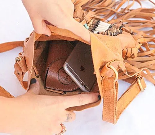 Vista 3 de Bolso Boho Round S Cuero Real Monedero Fringe Bolsos Bohemios