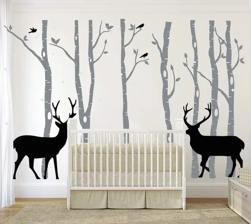 Vista 5 de Vinilo adhesivo de vinilo extraíble con diseño de ciervos y abedules para niños, decoración de habitación del bebé, habitación del bebé (gris)