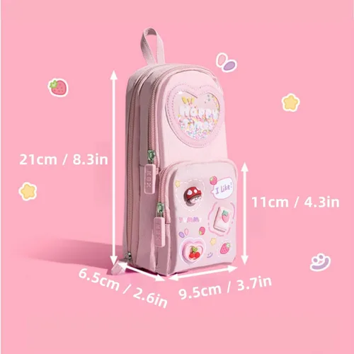 Vista 6 de Estuche de cartón lindo con diseño de oso y conejito de fresa, helado, 3 capas, gran capacidad, estuche organizador de cosméticos (rosa-1)