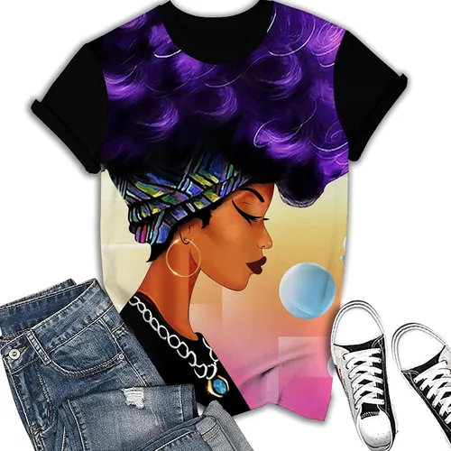 Vista 2 de Camisa para mujer con estampa 3D de mujer negra, con afro, pelo natural, camisa informal Negro-10