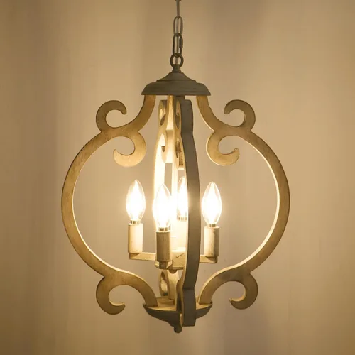 Vista 6 de Candelabro de Granja de 4 Luces, Candelabro de Madera Rústica Orbe Desgastado Lámpara Colgante de Estilo Campestre Francés Lámparas de Techo
