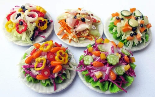 Vista 5 de 5 ensaladas surtidas con plato para casa de muñecas, comida en miniatura, escala 1:6, comida de arcilla realista para casas de muñecas, accesorios