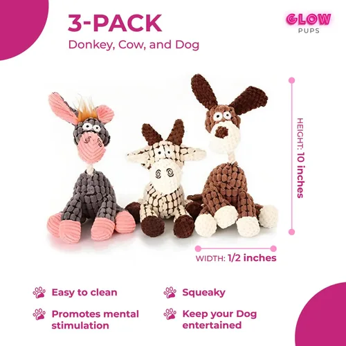 Vista 3 de Glow Pups Farm Animal Toys - Paquete de 3 juguetes para perros con chirriador, animal de granja de pana duradero, tiempo de juego interactivo