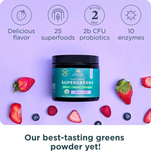 Vista 4 de Ancient Nutrition Proteína en polvo multicolágeno, vainilla, 24 porciones + polvo orgánico Supergreens, baya, 12 porciones