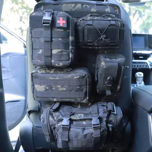 Vista 13 de Organizador táctico universal para respaldo de asiento, panel Molle para vehículo, bolsa de almacenamiento con 5 bolsas Molle desmontables