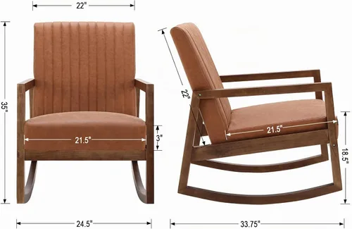 Vista 2 de CIMOTA Mecedora moderna de cuero de mediados de siglo, silla tapizada con brazo con asiento acolchado, marco de madera, cómoda mecedora para sala