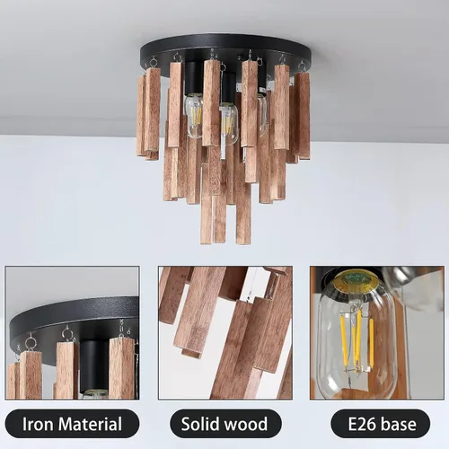 Vista 6 de Lámparas de techo semiempotradas de 3 luces, lámpara de madera bohemia, lámpara de techo de roble y negro con E26 para cocina, sala de estar