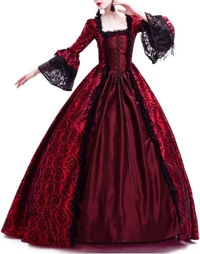 Vista 5 de CZHJS Vestido medieval para mujer, vestido victoriano de encaje de manga larga, vestido retro gótico delgado, vestido de túnica renacentista hasta
