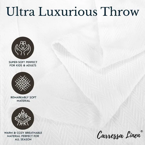 Vista 4 de Carressa Linen Manta de algodón puro, lujosa manta blanca tamaño King con patrón de espiga, ligera, suave y acogedora, manta premium para cama
