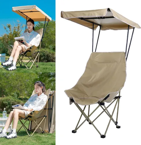 Vista 3 de AMONIDA Portable High Back Folding Chair with Shade Canopy for Camping Beach Fishing, Lightweight Steel Frame Khaki