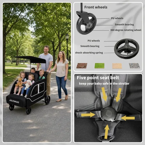 Vista 4 de Cochecito grande de 4 plazas, 2, 3, niños pequeños, color negro Car Shaped, Foldable, All Terrain, Removable Canopy, 5 Point Harness, Travel
