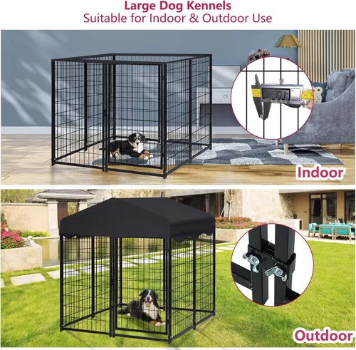 Vista 5 de Perrera para perros en el exterior, 4.5 x 4 x 4 pies, con techo para perros medianos y pequeños, jaula para perros al aire libre con cubierta