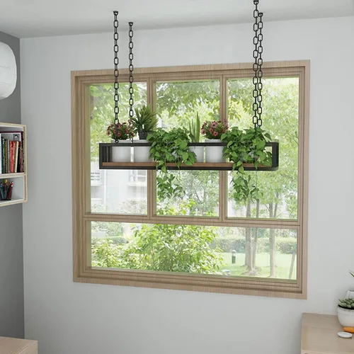 Vista 6 de Percha de hierro negro de estilo industrial, estante de madera, soporte de flores, estantes para colgar en la pared, marco rectangular decorativo