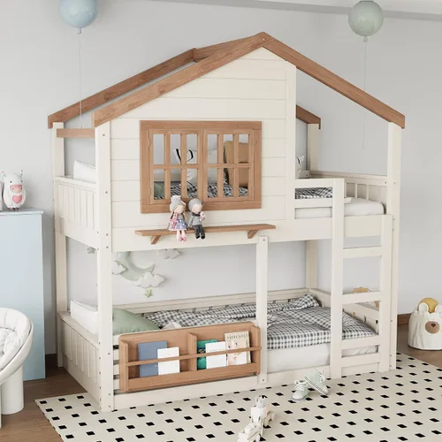 Vista 4 de Cama de Casa Tamaño Twin con Elegantes Ventanas y Estantería, Marco de Litera con Diseño de Castillo de Madera con Barandillas de Seguridad