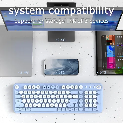 Vista 3 de Teclado Bluetooth inalámbrico, teclas redondas retro de tamaño Azul
