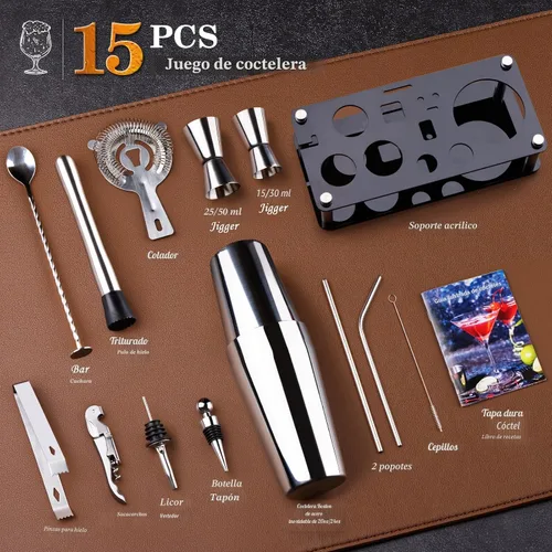 Vista 2 de Kit de coctelera para barman: juego de 15 utensilios de bar con soporte acrílico, juego de barras con todos los accesorios prácticos de bar