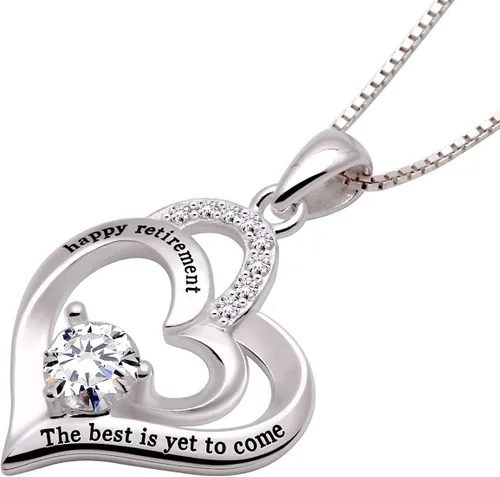 Vista 2 de ALOV Joyería de plata de ley feliz jubilación lo mejor está por venir Collar con colgante de circonita cúbica de corazón de amor, Plata esterlina