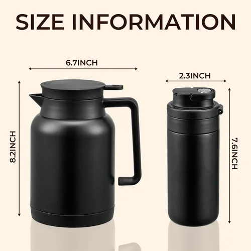 Vista 2 de JXXM Paquete de 2 jarras térmicas de café de 49 onzas y botella de agua aislada de 15 onzas, jarras térmicas al vacío de acero inoxidable y botella