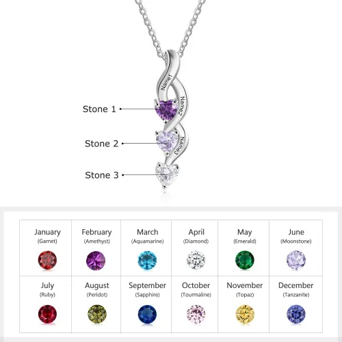 Vista 2 de Tian Zhi Jiao Collar personalizado de plata de ley para madres con 3 piedras natales de imitación grabadas, 3 nombres de niños, personalizado, dije