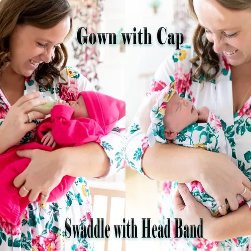 Vista 5 de RNOONY Mommy and Me Robe and Swaddle Set, Maternity Robe for Hospital-Delivery, Mom and Baby Matching Outfits Hospital