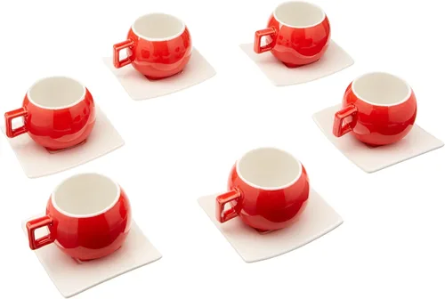 Vista 2 de Uniware Juego de 6 tazas de café expreso de porcelana con platillos (rojo) y soporte de metal y base de bambú)
