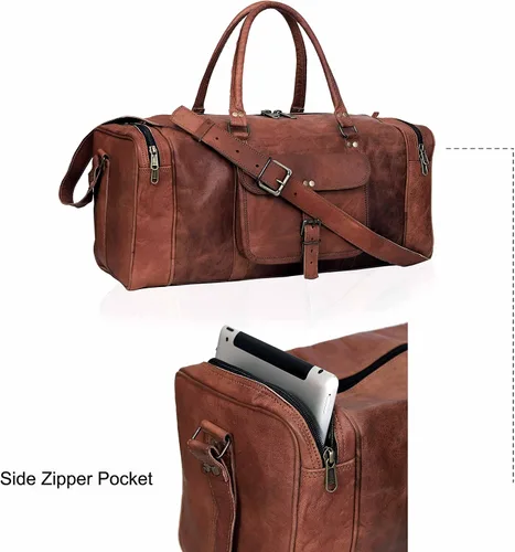 Vista 3 de Bolsa de lona de cuero genuino de 22 y 24 pulgadas Bolsa de cuero para viajes durante la noche Bolsa de deporte para gimnasio para hombres
