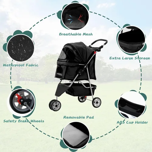 Vista 4 de Cochecito para perros con cesta de almacenamiento, cochecito para mascotas de 3 ruedas, transpirable, compacto, portátil, plegable, para viajes