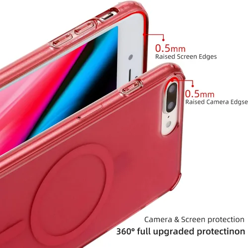 Vista 3 de Tigowos Funda magnética translúcida para iPhone 8 Plus con carga inalámbrica MagSafe anti-amarilla, antihuellas, a prueba de golpes, funda Rojo