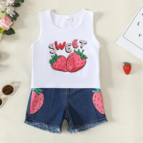 Vista 2 de Mikrdoo Ropa para bebé niña pequeña, trajes de verano camisas, tops rasgados pantalones cortos de mezclilla conjunto de ropa para niña pequeña