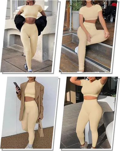 Vista 4 de JOLLMONO Conjunto de 2 piezas de manga corta para mujer, sin costuras, conjunto de camiseta corta para mujer