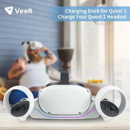Vista 4 de VeeR Charging Dock for Quest 2VR Headset Charging Stand Compatible with Meta Quest 2 Accessories Wall Mount Charger Station USB-C Link Cable - White