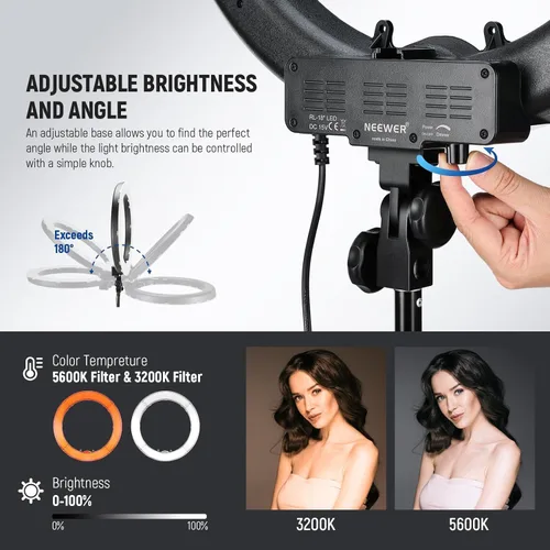 Vista 3 de NEEWER Luz de anillo de 18 pulgadas con soporte de trípode, luz de anillo LED grande de 55W, soporte para teléfono con zapata fría compatible