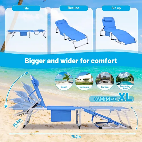 Vista 3 de Silla de bronceado 3 en 1 extragrande con esterilla y agujero para la cara, silla lounge plegable resistente - Silla ajustable de 5 posiciones