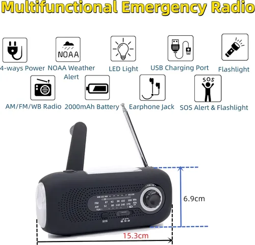 Vista 6 de Radio meteorológica Hank Crank, radio meteorológica NOAA, radio AM FM, radio de emergencia impermeable con linterna LED y cargador de teléfono