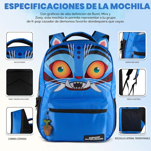 Vista 2 de AI ACCESSORY INNOVATIONS K-Pop Demon Hunters - Mochila de 16 pulgadas para niñas, con una gran cara Derpy con orejas 3D y bordado, dije de bolsa