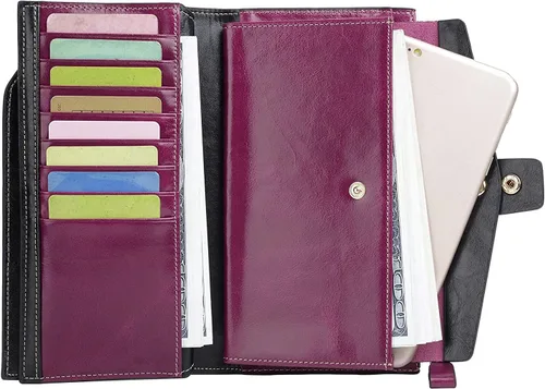 Vista 14 de Cartera plegable de cuero de gran capacidad con bloqueo RFID para mujer