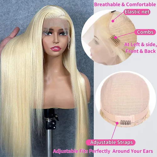 Vista 4 de 613 13x4 Peluca de encaje frontal transparente HD de cabello humano recto rubio platino Peluca de cabello humano predepilado con cabello de bebé