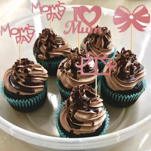 Vista 2 de Decoración para cupcakes para el Día de la Madre, 24 piezas con purpurina para fiesta de cumpleaños, suministros de cartón y bambú de primera calidad